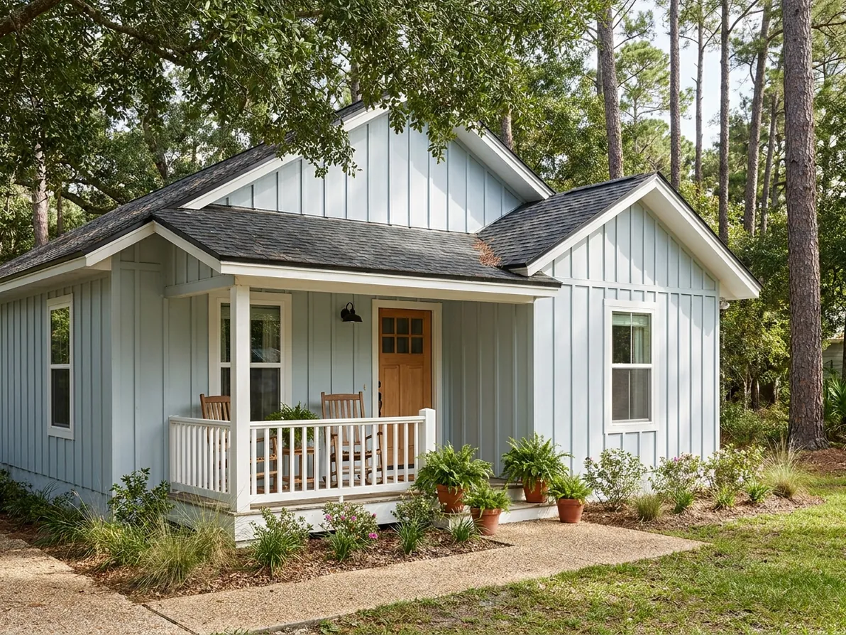 Pale blue cottage with a welcoming porch and potted ferns
