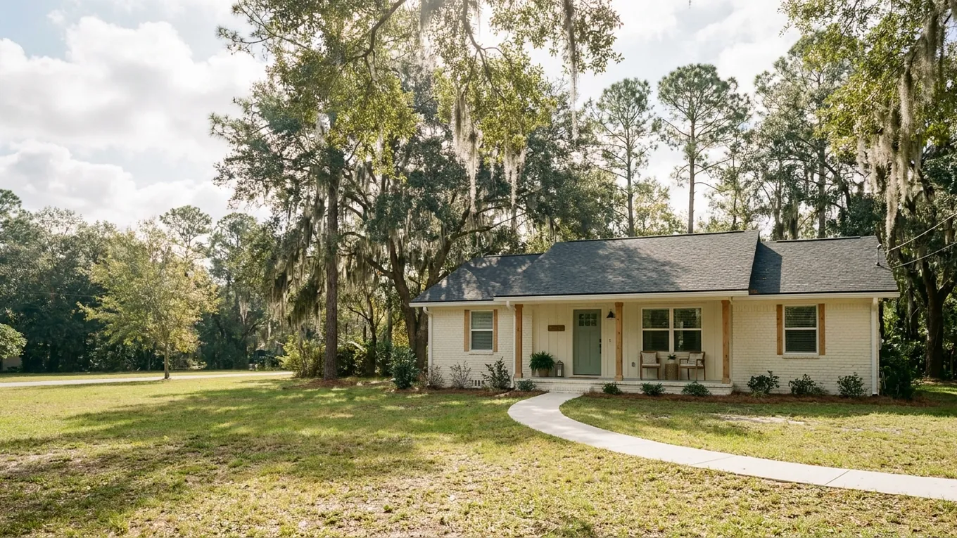 Cream brick home beneath live oaks with a sunlit front lawn